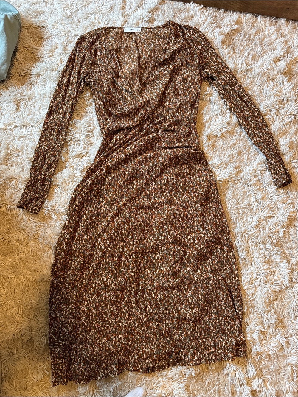 Mango Brown Floral Long-Sleeve Wrap Midi Dress